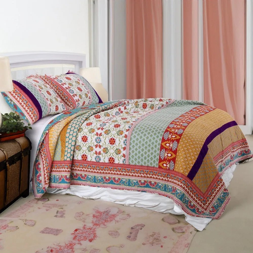 Geometric and Floral Print Twin Size Quilt Set with 1 Sham, Multicolor By Casagear Home