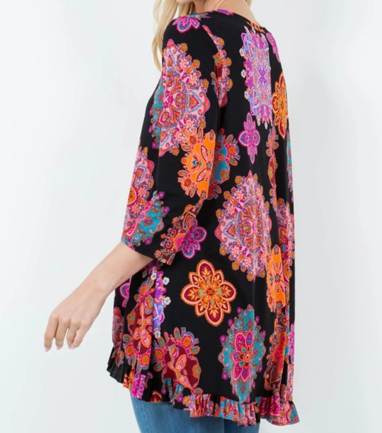 Geometric Colorful Medallion Hi Low Dressy Modest Tunic Top