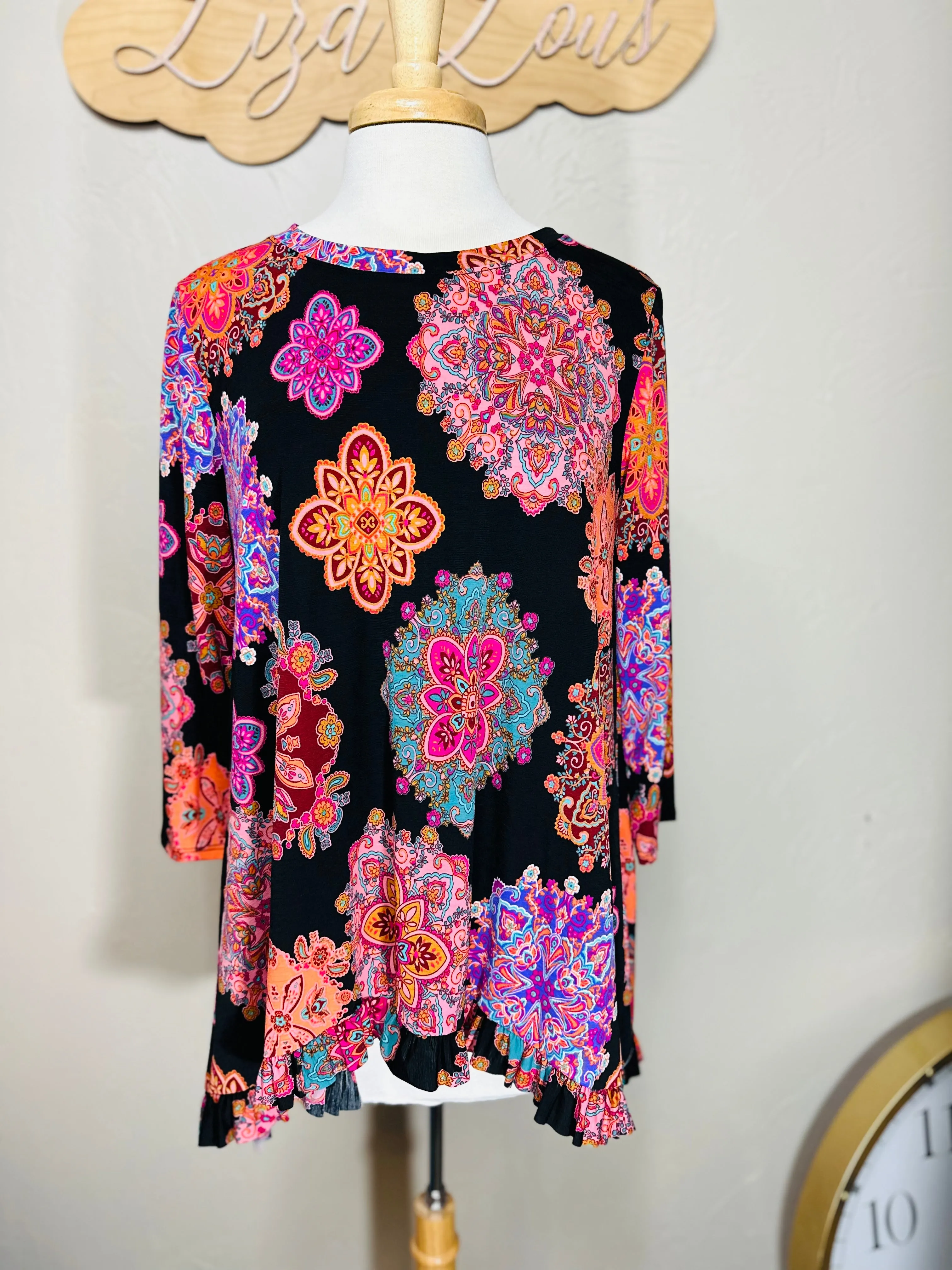 Geometric Colorful Medallion Hi Low Dressy Modest Tunic Top