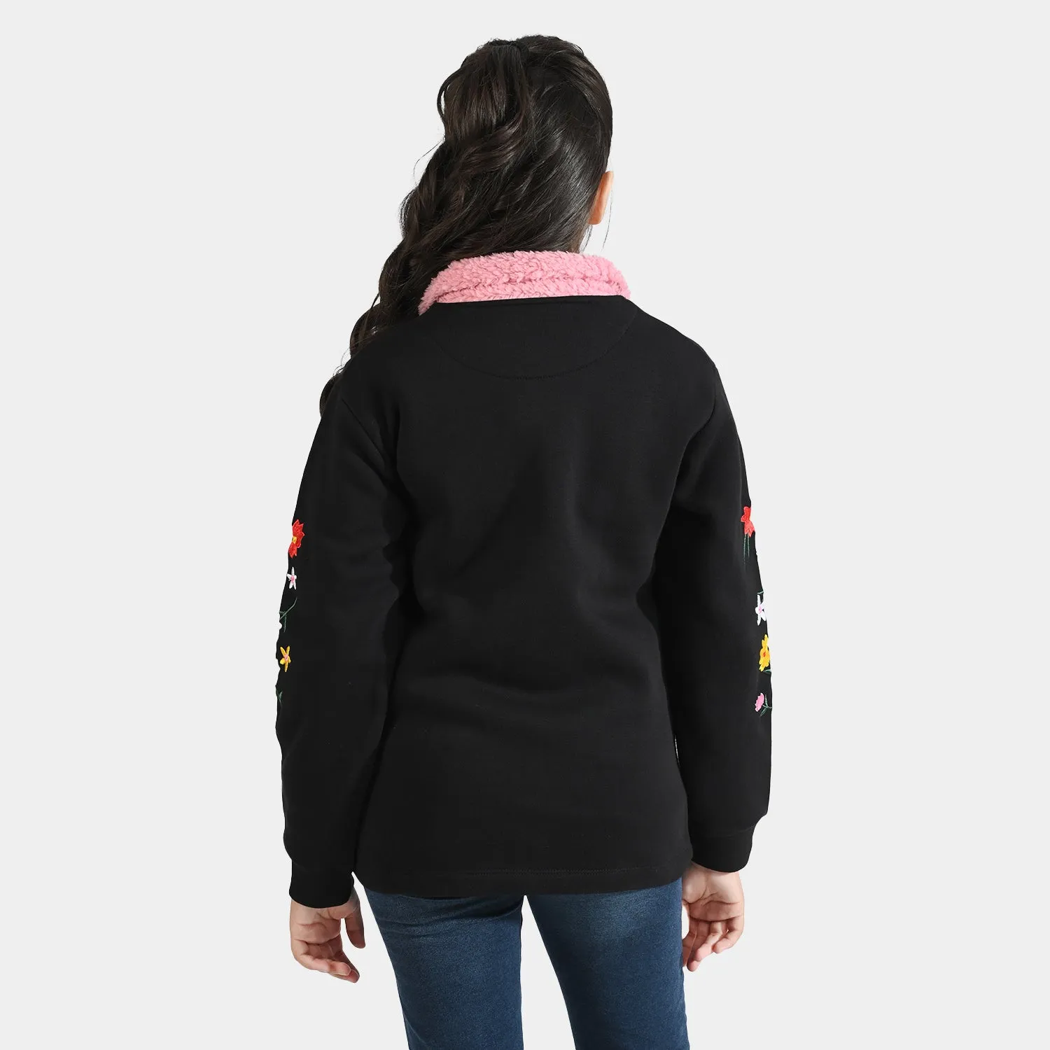 Girls Fleece Knitted Jacket Flowers-Jet.Black