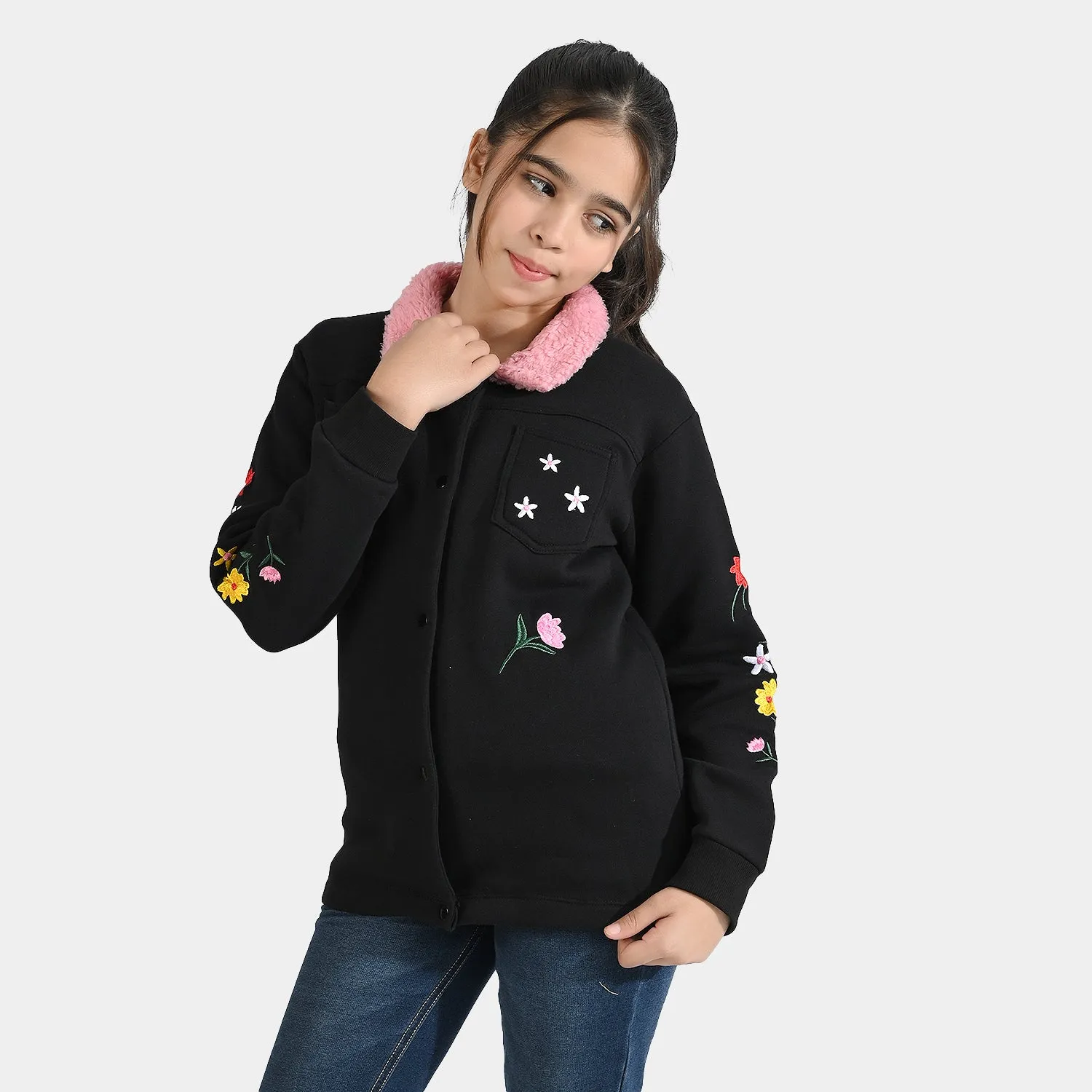 Girls Fleece Knitted Jacket Flowers-Jet.Black