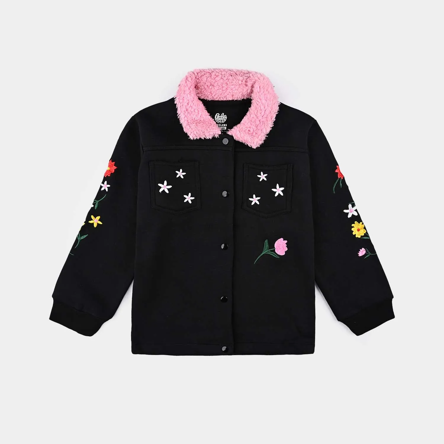 Girls Fleece Knitted Jacket Flowers-Jet.Black