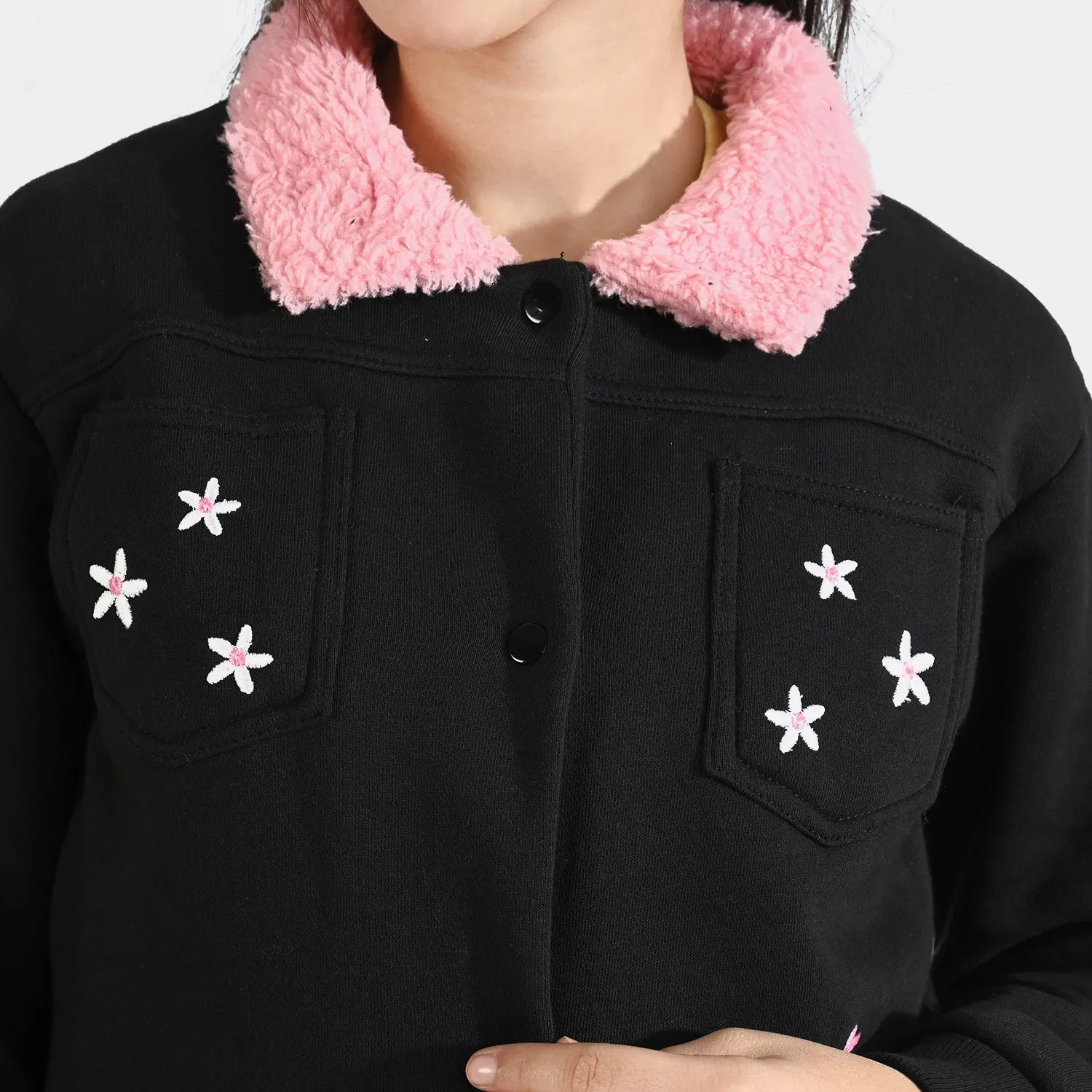 Girls Fleece Knitted Jacket Flowers-Jet.Black