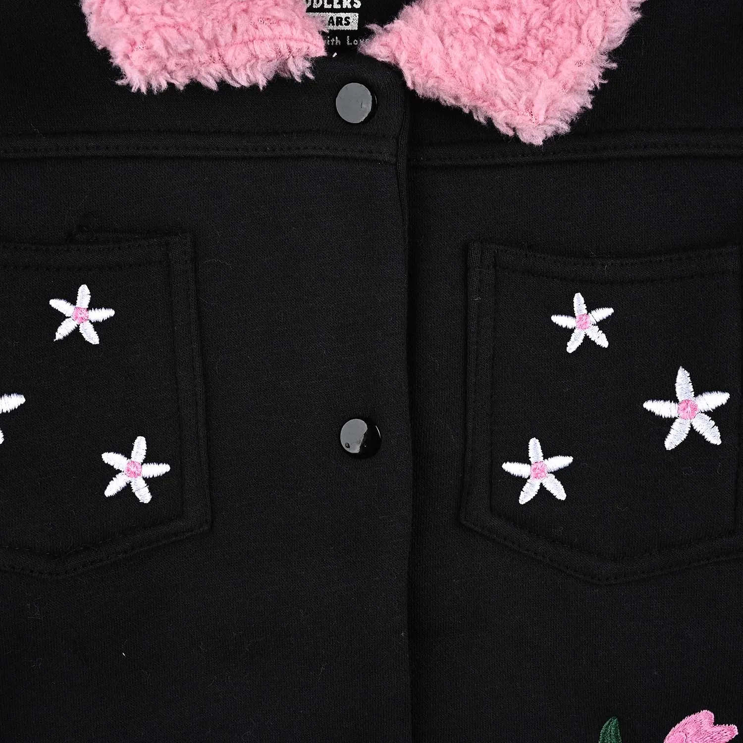 Girls Fleece Knitted Jacket Flowers-Jet.Black