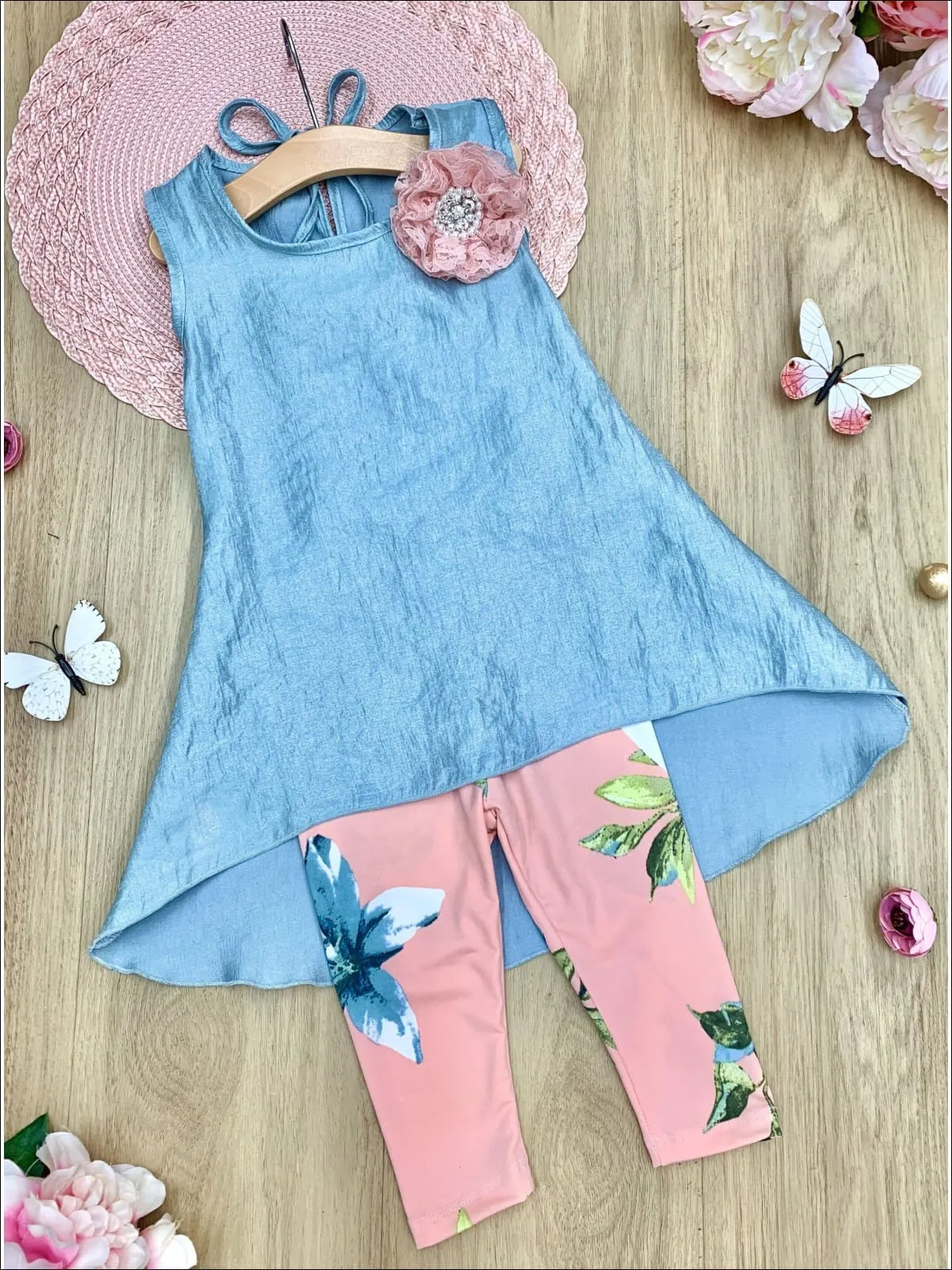 Girls Swing Hi-Lo Flower Clip Tunic and Capri Legging Set