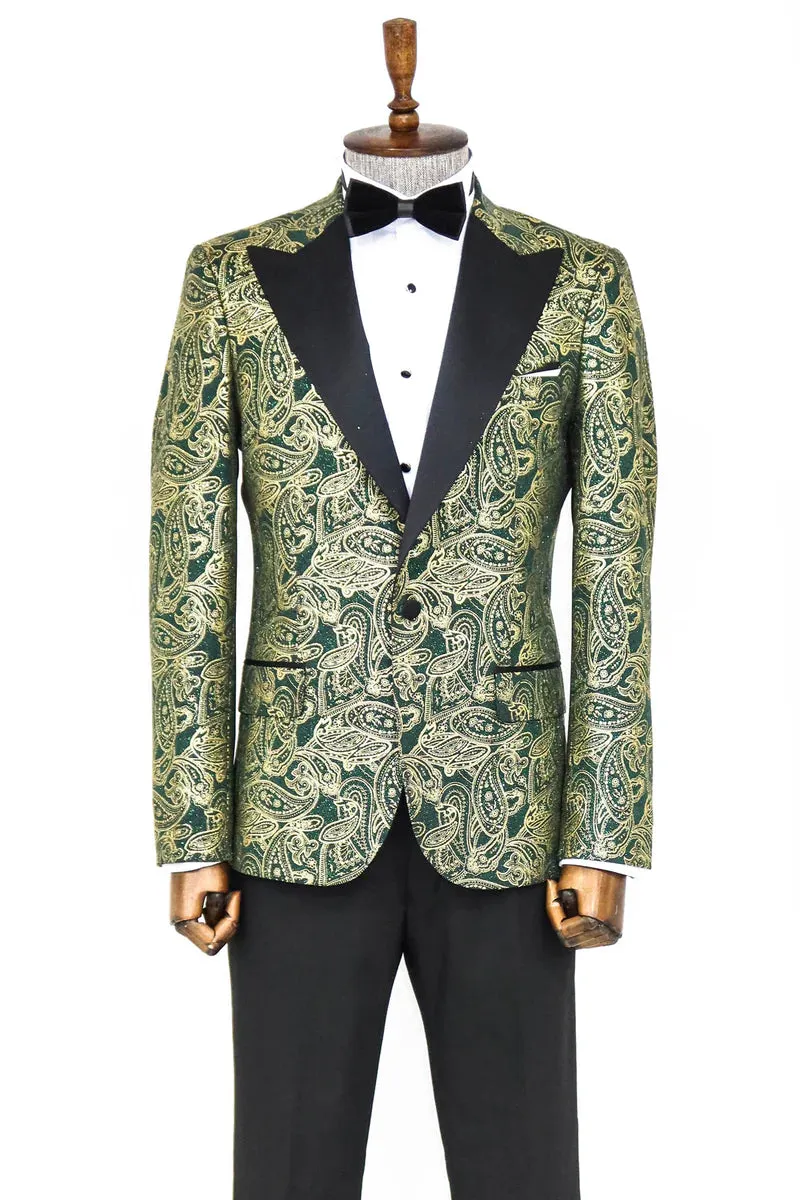 Golden Paisley Green Prom Blazer with Peak Lapel