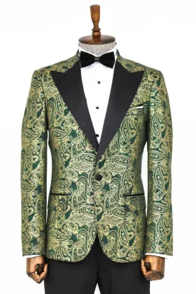 Golden Paisley Green Prom Blazer with Peak Lapel