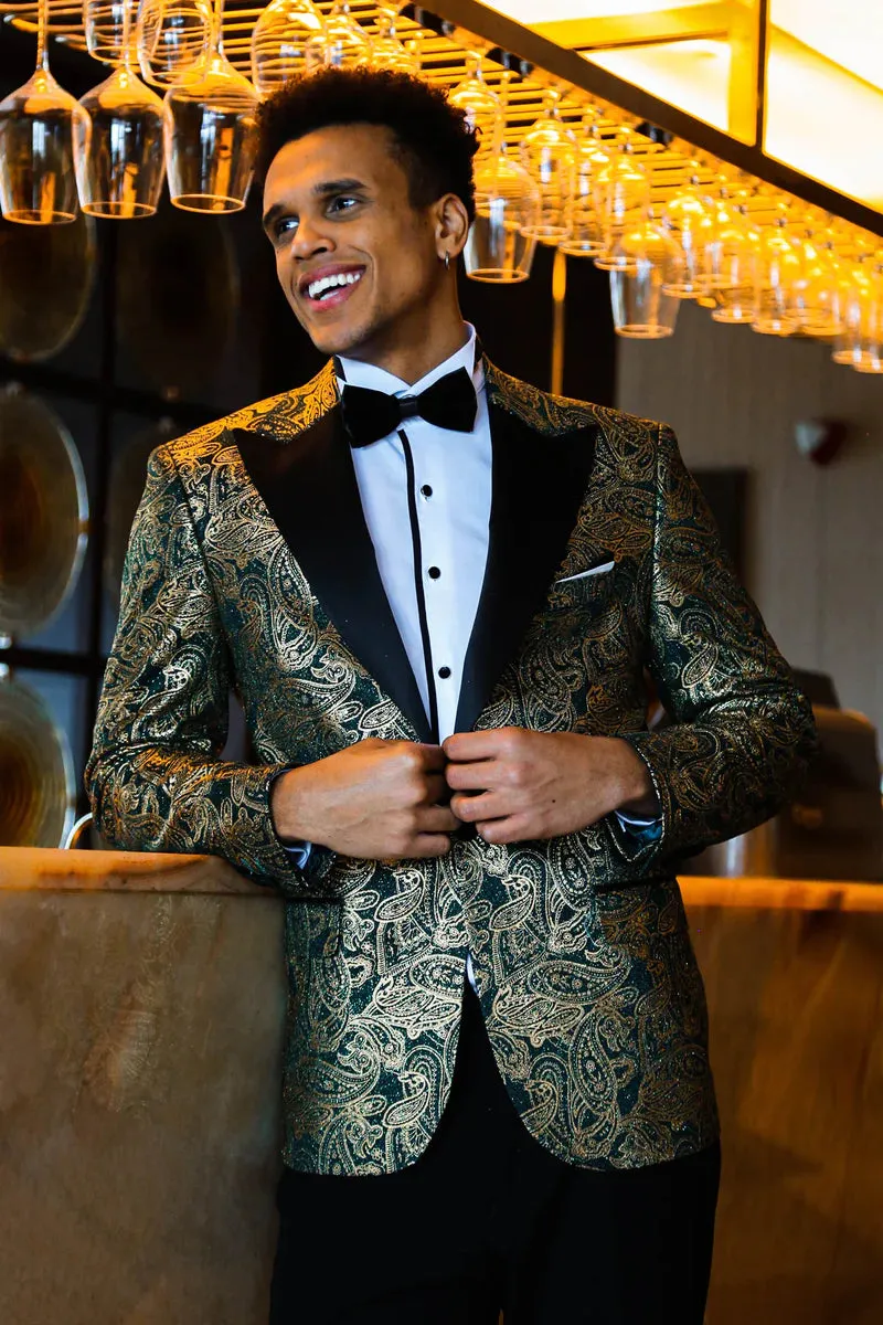 Golden Paisley Green Prom Blazer with Peak Lapel