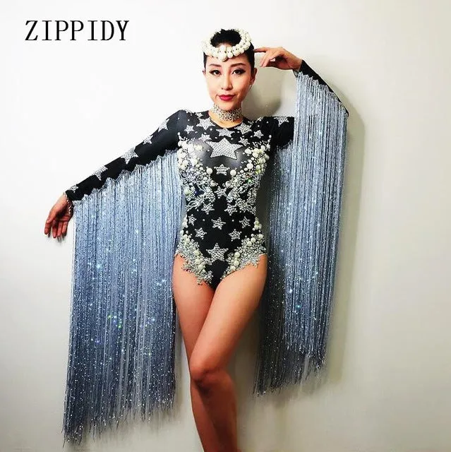 Gray Tassel Crystals Stars Bodysuit Women Stage Dance fringes Leotard Nightclub Party Female Singer Costume Celebrate Outfit