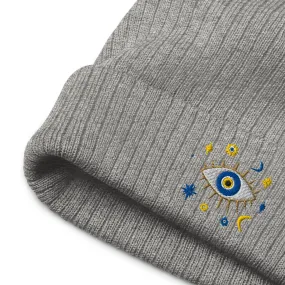 Greek Evil Eye Ribbed Embroidered Beanie