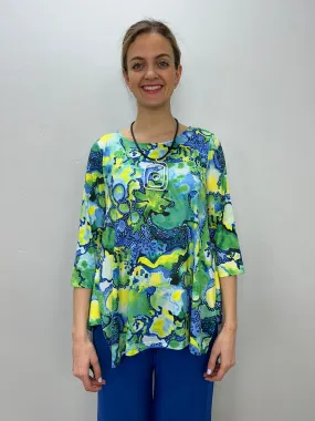 Green and Blue Pattern 3/4 Sleeve Shark-bite Tunic