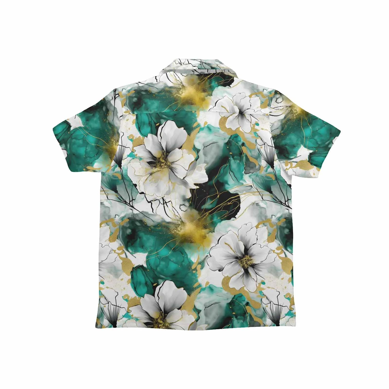 Green and White Ink Floral  Little Boys Hawaiian Shirt