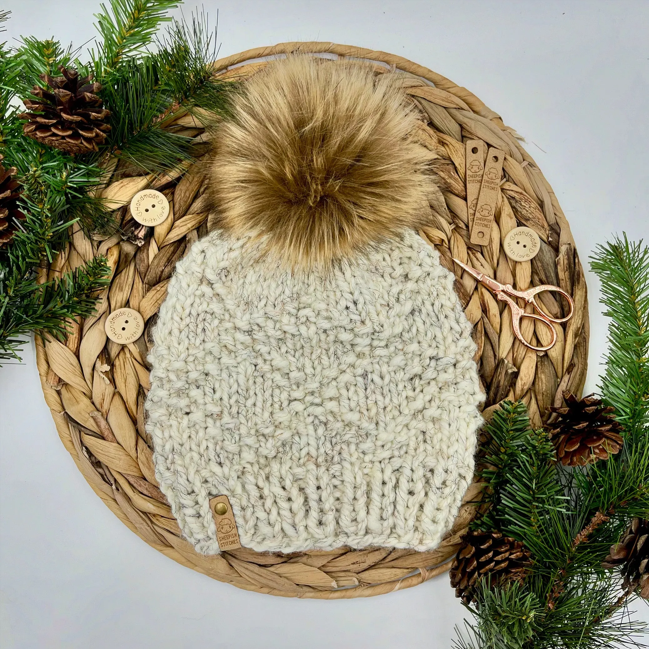 Hand Knit Bulky Beanie|Diamonds - Oatmeal