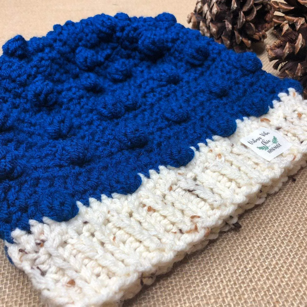 Hand Knit Crochet peacock Blue and Oatmeal Winter Hat | Slouchy Hat | Puff Beanie Cozy Thick Winter Hat | Women Winter Hat |  Cozy Unsex