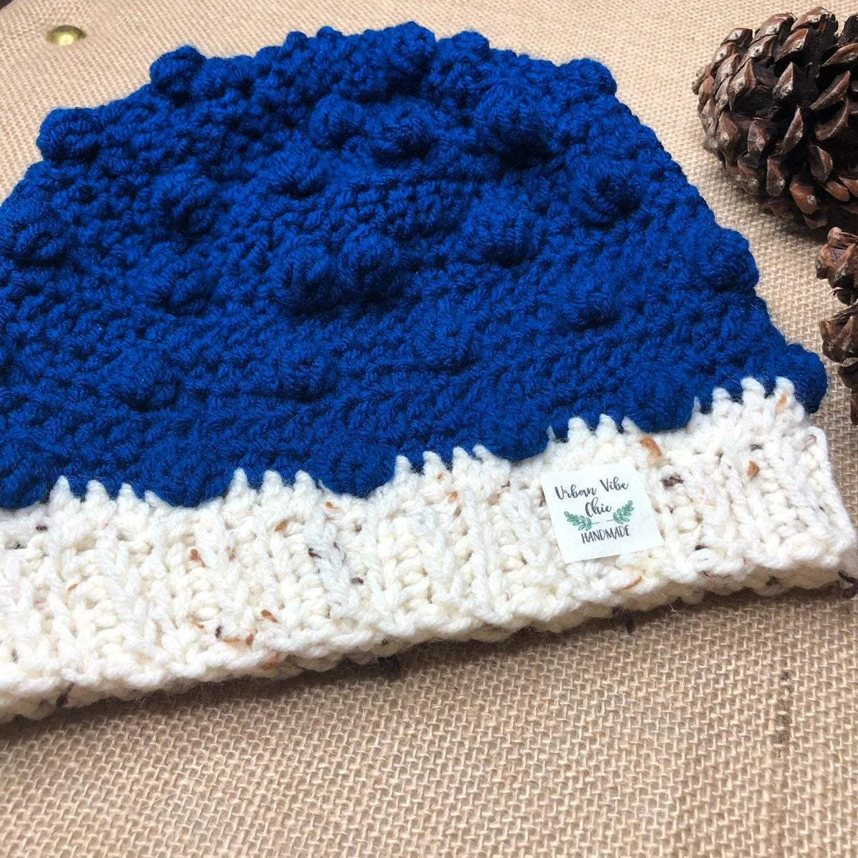 Hand Knit Crochet peacock Blue and Oatmeal Winter Hat | Slouchy Hat | Puff Beanie Cozy Thick Winter Hat | Women Winter Hat |  Cozy Unsex