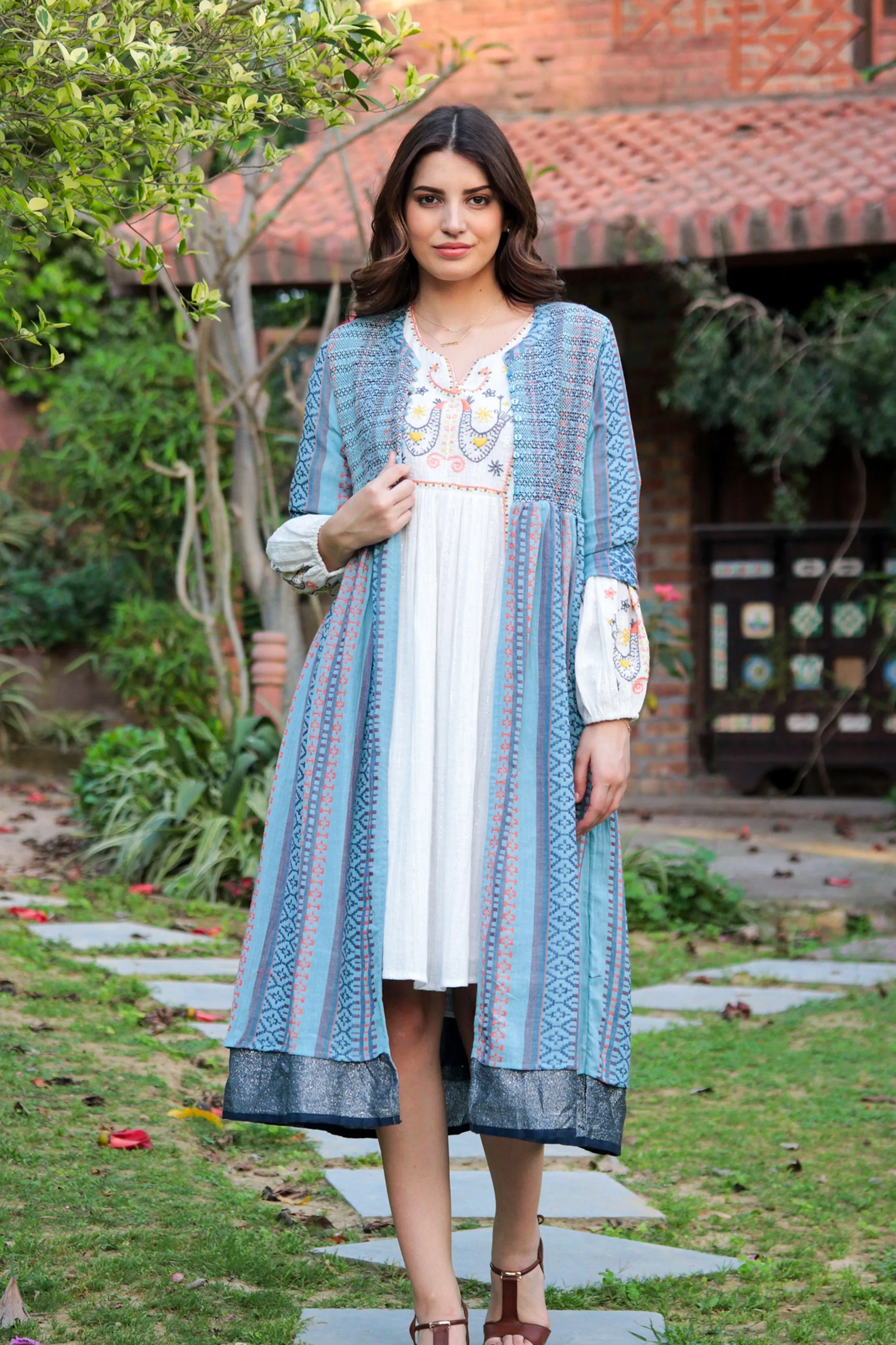 Handloomed Long Cotton Jacket - Jaipur Heritage | NOVICA