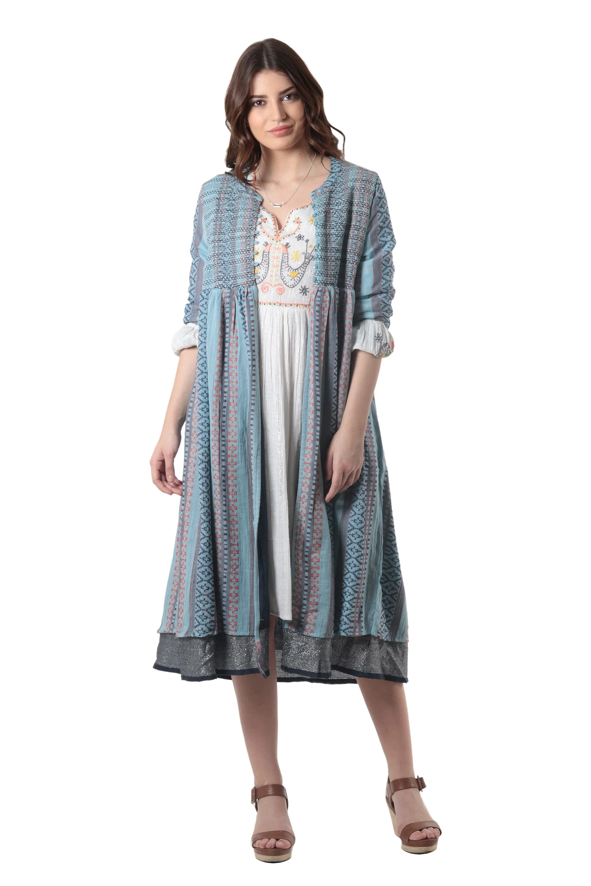 Handloomed Long Cotton Jacket - Jaipur Heritage | NOVICA