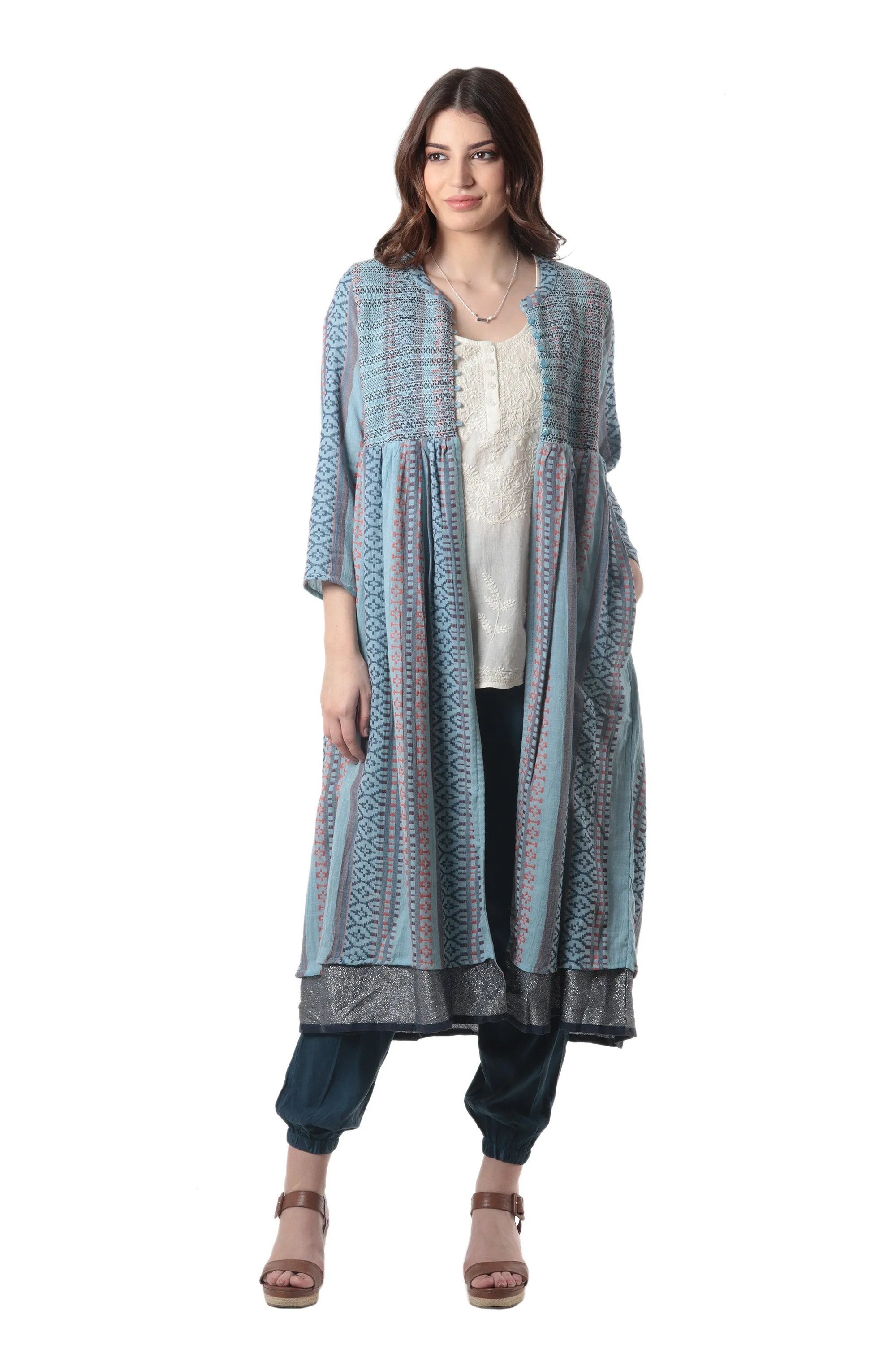 Handloomed Long Cotton Jacket - Jaipur Heritage | NOVICA