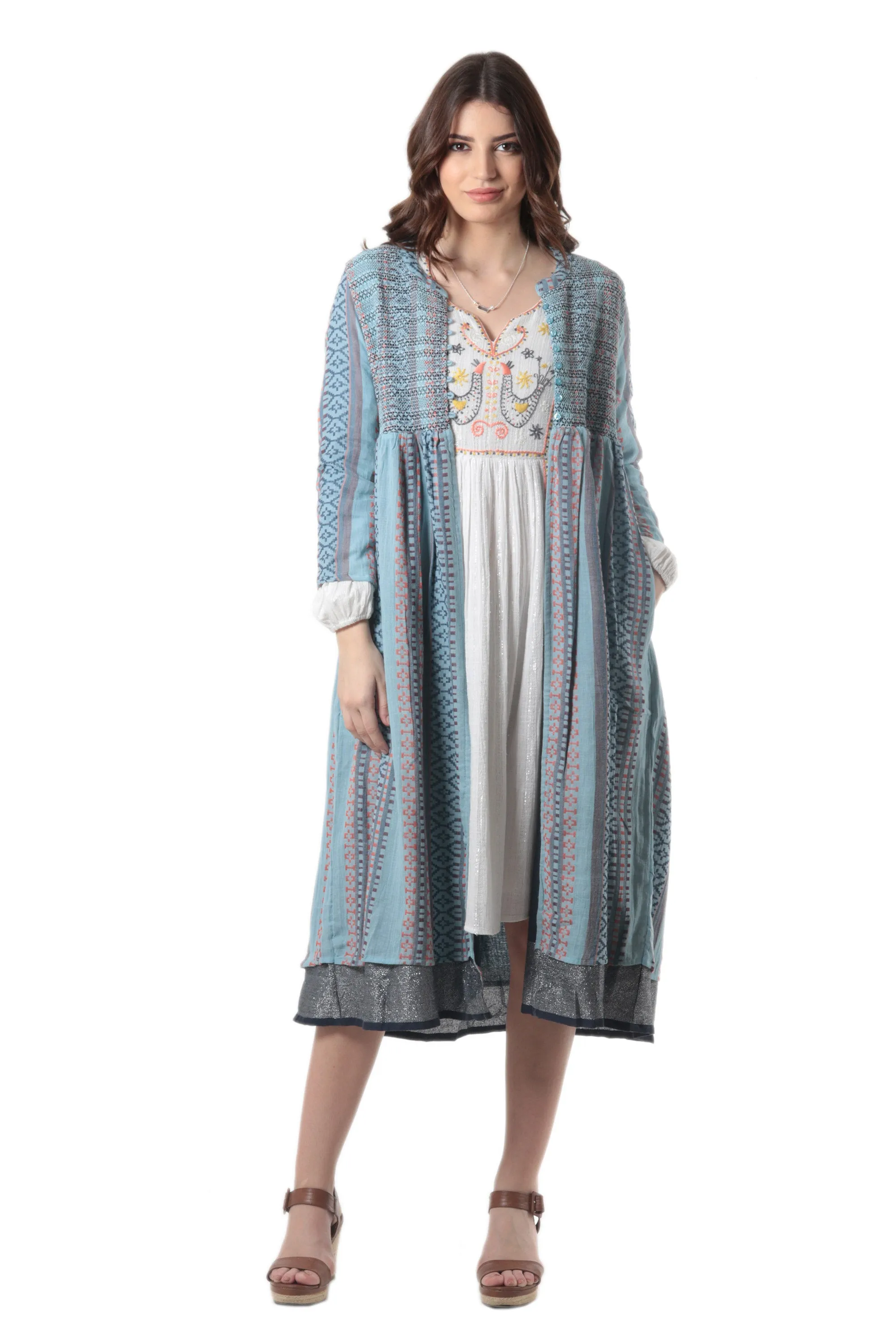 Handloomed Long Cotton Jacket - Jaipur Heritage | NOVICA