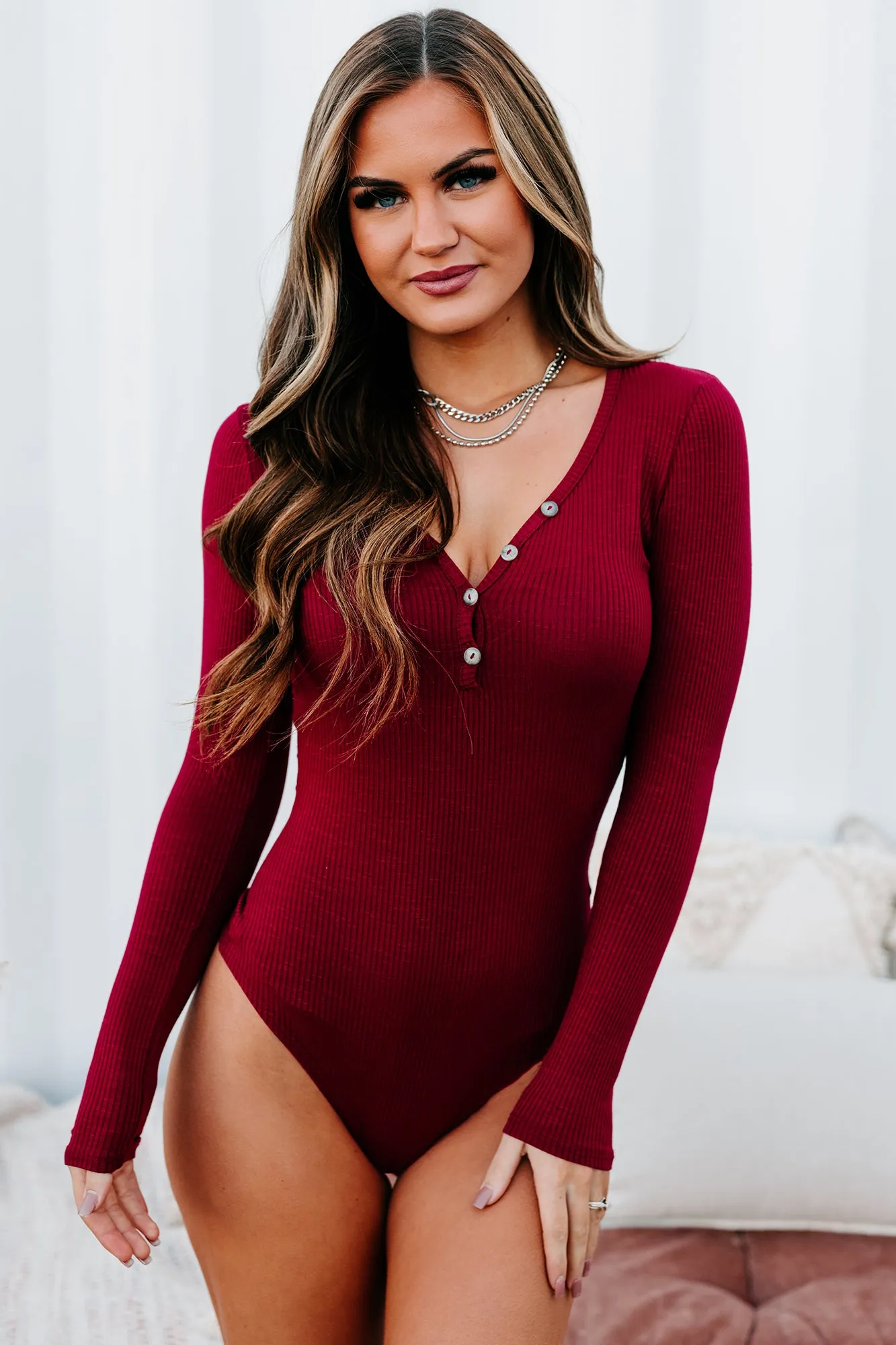 Hoda Long Sleeve Henley Bodysuit (Wine)