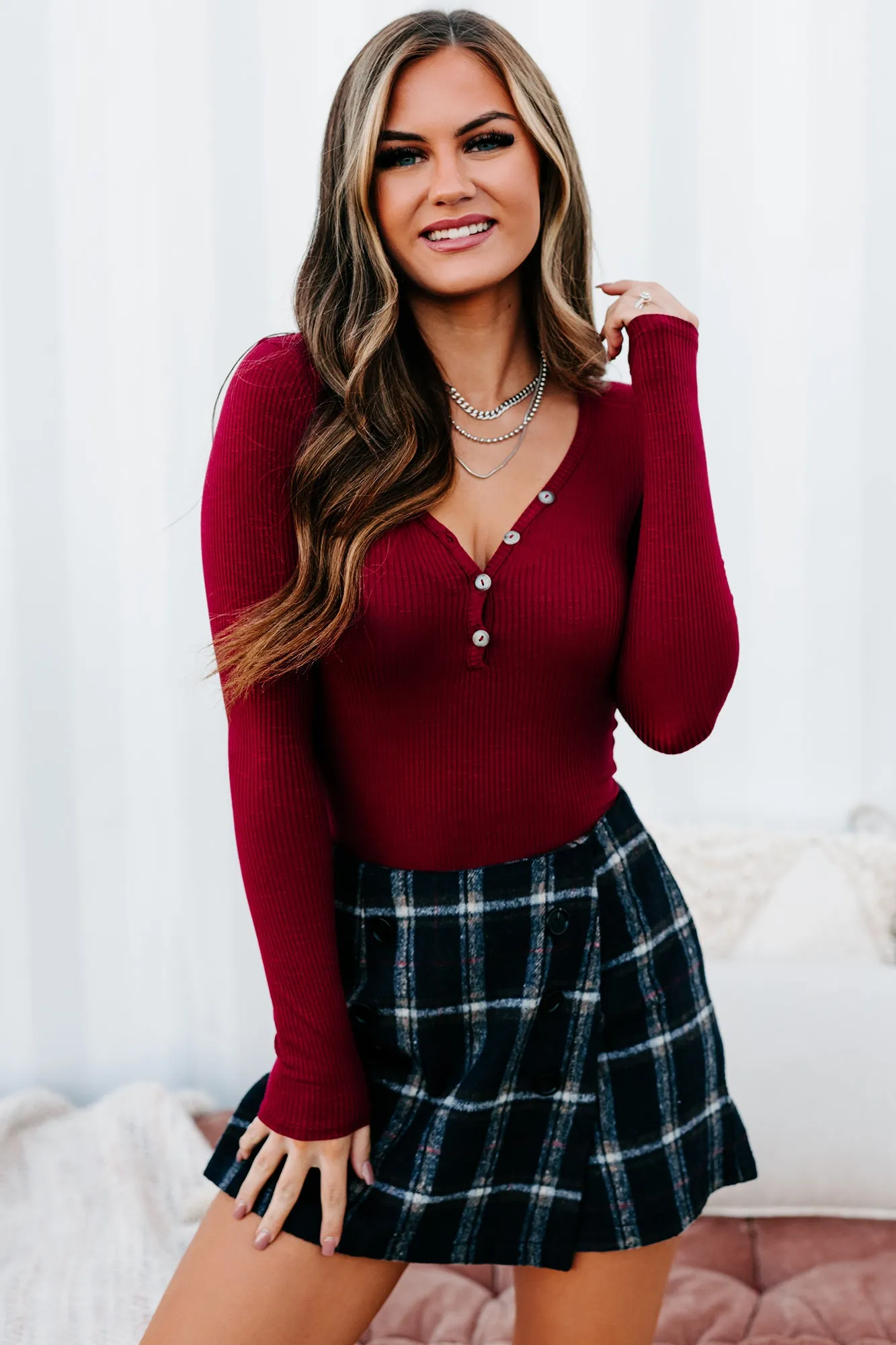 Hoda Long Sleeve Henley Bodysuit (Wine)