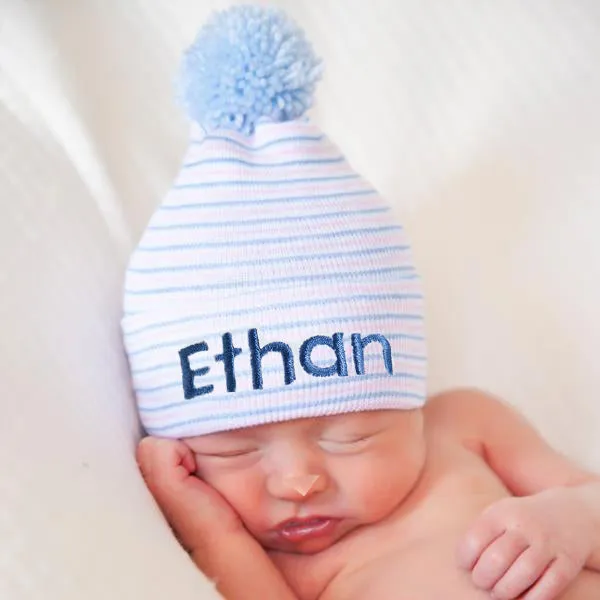 ilybean Personalized Traditional Stripe Blue Pom Pom Newborn Boy Hospital Hat