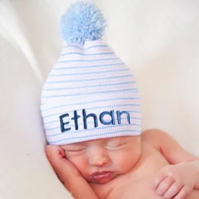 ilybean Personalized Traditional Stripe Blue Pom Pom Newborn Boy Hospital Hat