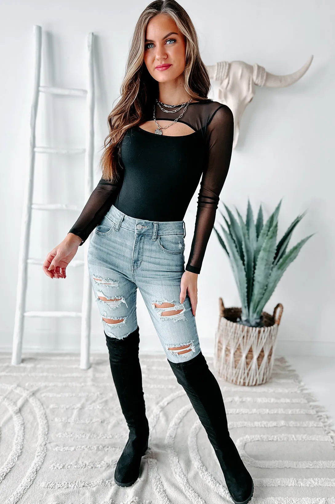 Into The Night Cut Out-Mesh Long Sleeve Bodysuit (Black)