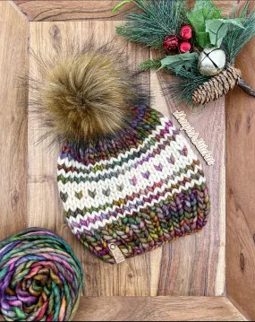 Jewel tones with ivory accent - Merino Wool Knit Hat with Faux Fur Pom Pom, Hand Knit Luxury Beanie, Ethically Sourced Merino Wool Toque