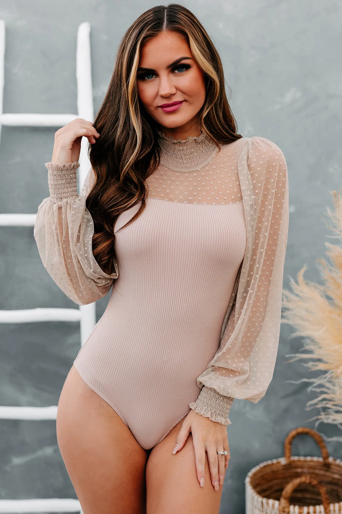 Keep The Change Ribbed Dot Mesh Bodysuit (Taupe)