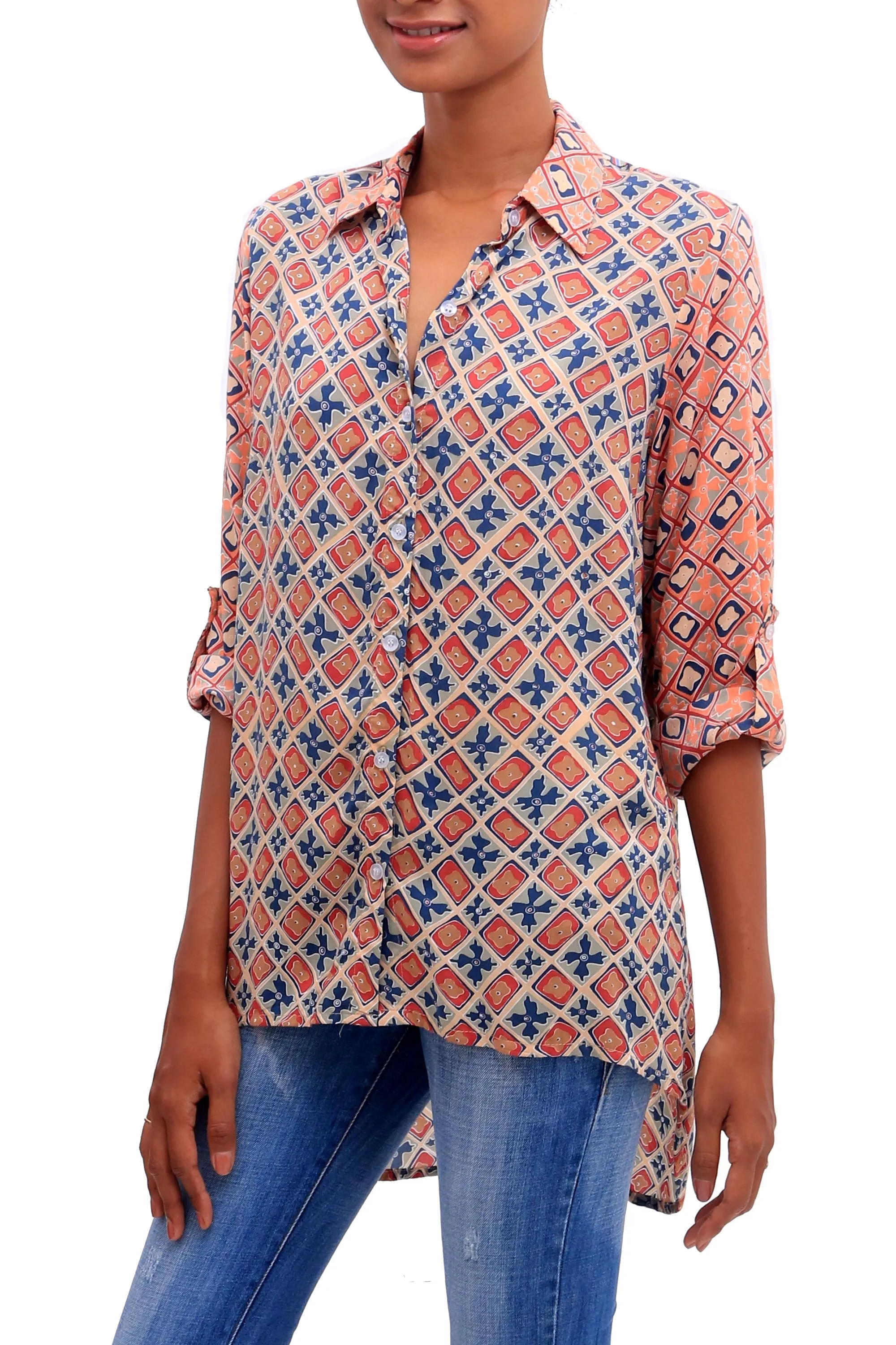 Kelud Crisscross Chili and Azure Printed Rayon Tunic from Bali