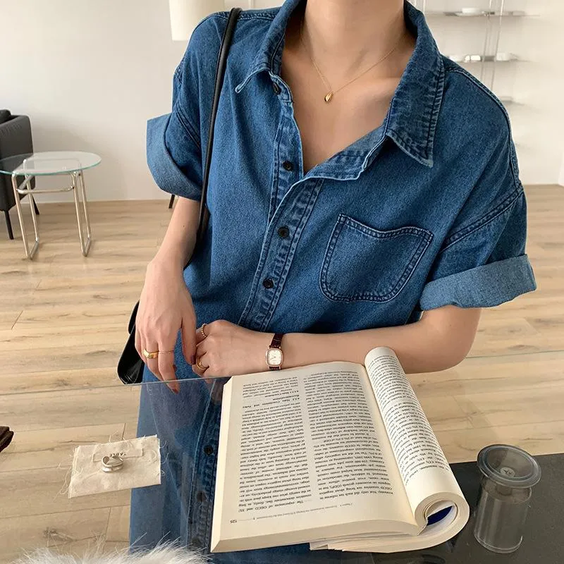 Lapel Collar 2021 Fashion Single-breasted Loose Medium Length Women's Denim Shirt Dress