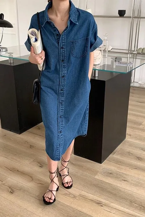 Lapel Collar 2021 Fashion Single-breasted Loose Medium Length Women's Denim Shirt Dress