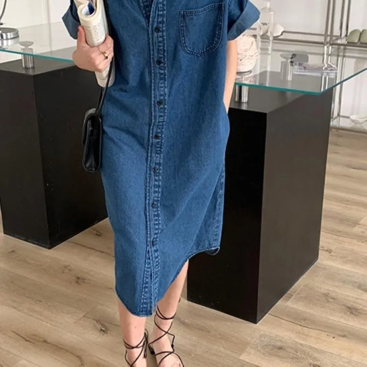 Lapel Collar 2021 Fashion Single-breasted Loose Medium Length Women's Denim Shirt Dress