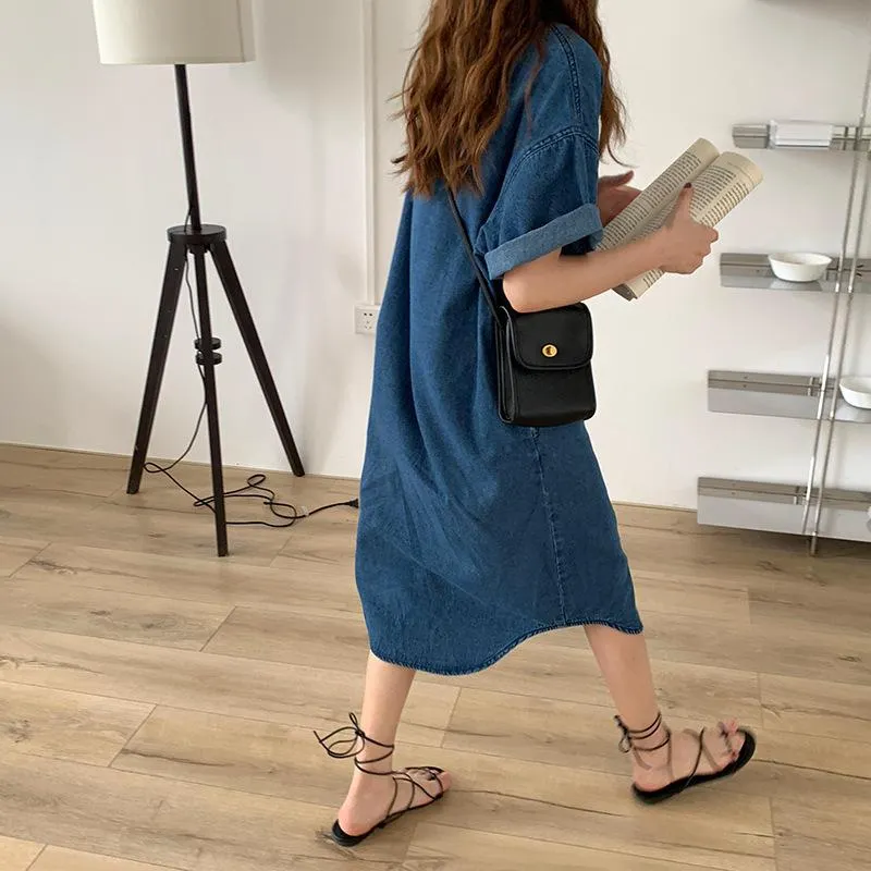 Lapel Collar 2021 Fashion Single-breasted Loose Medium Length Women's Denim Shirt Dress