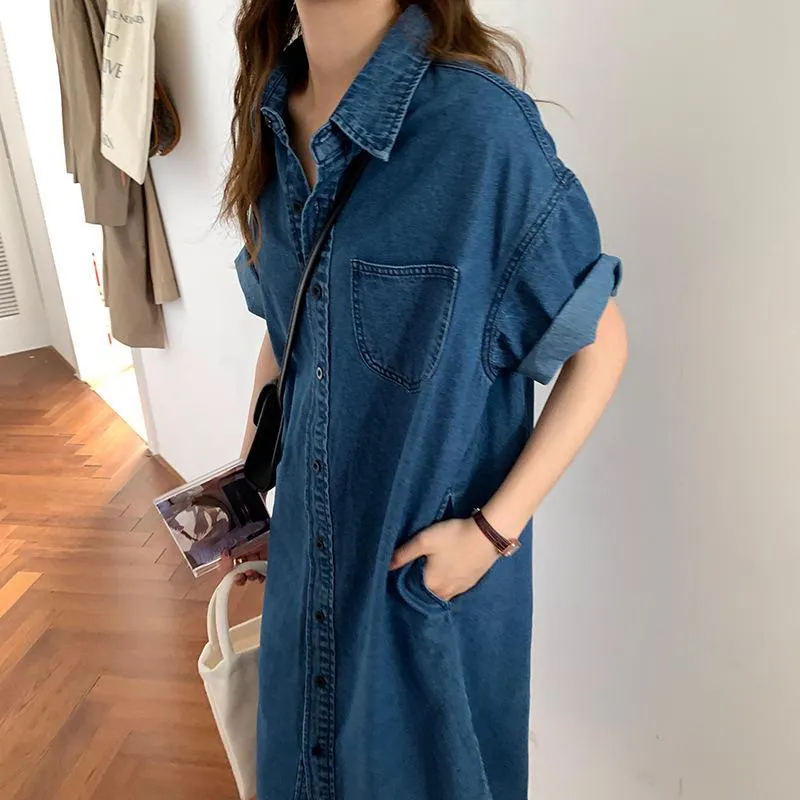 Lapel Collar 2021 Fashion Single-breasted Loose Medium Length Women's Denim Shirt Dress