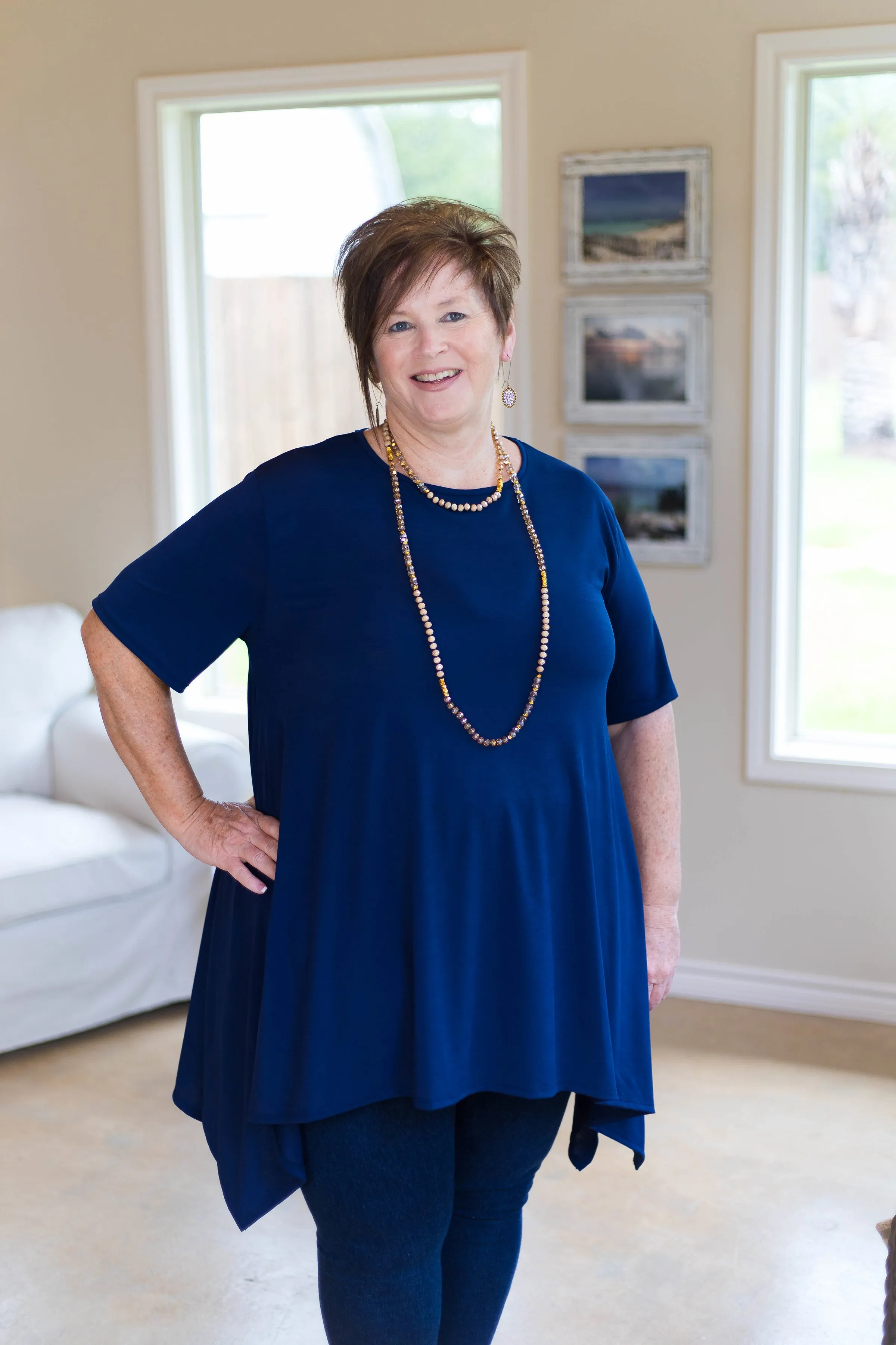 Last Chance Size Small | Not A Doubt Asymmetrical Hemline Tunic in Navy Blue