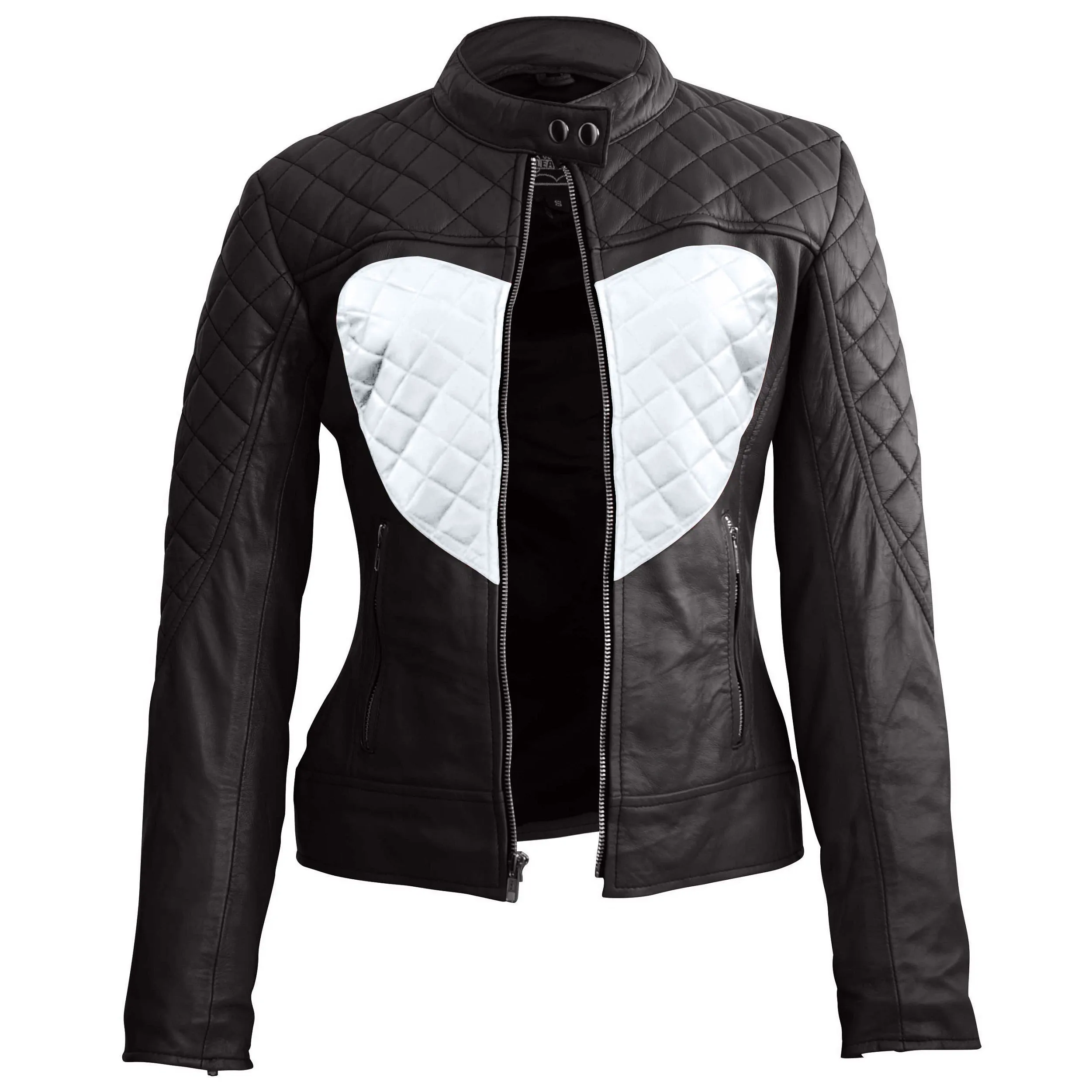 Leather Skin Women Shoulder Quilted White Love Heart Genuine Leather Jacket