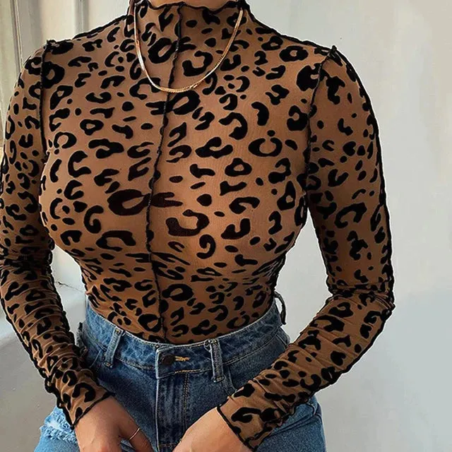 Leopard Printed Skinny Brown High Neck Long Sleeve Bodysuit