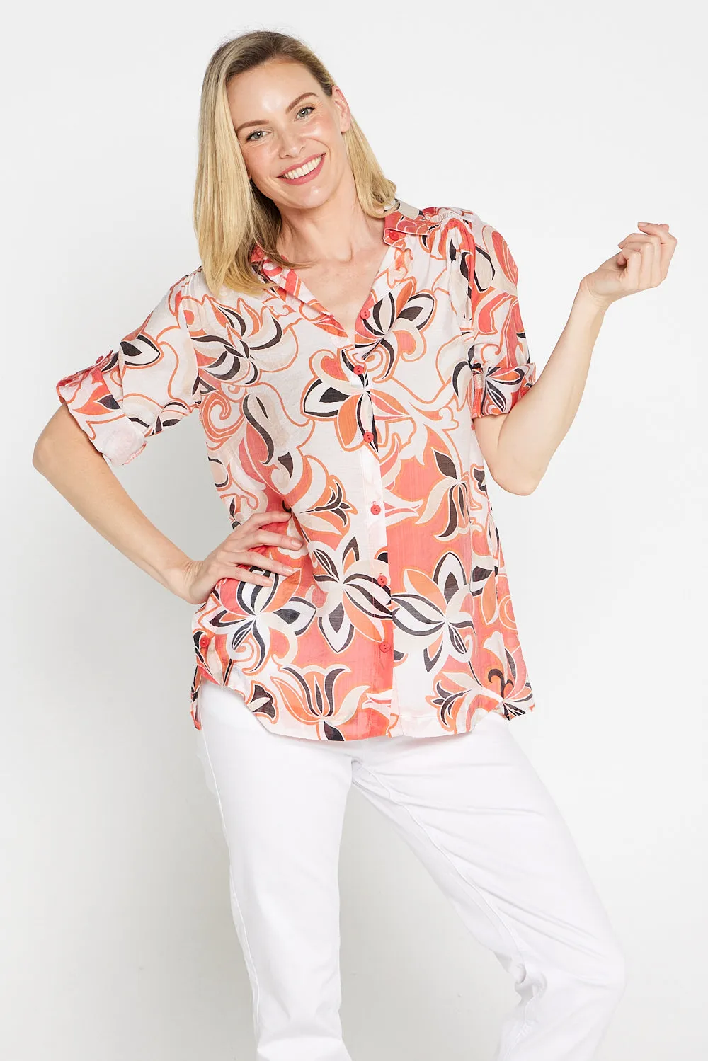 Linderman Cotton Shirt - Orange Jacobean Print