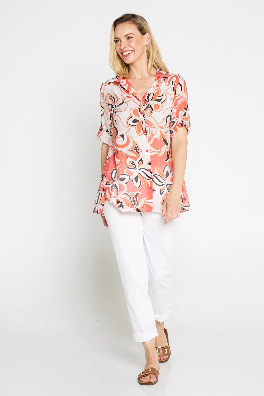 Linderman Cotton Shirt - Orange Jacobean Print