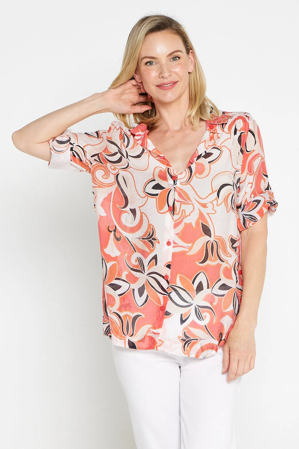 Linderman Cotton Shirt - Orange Jacobean Print