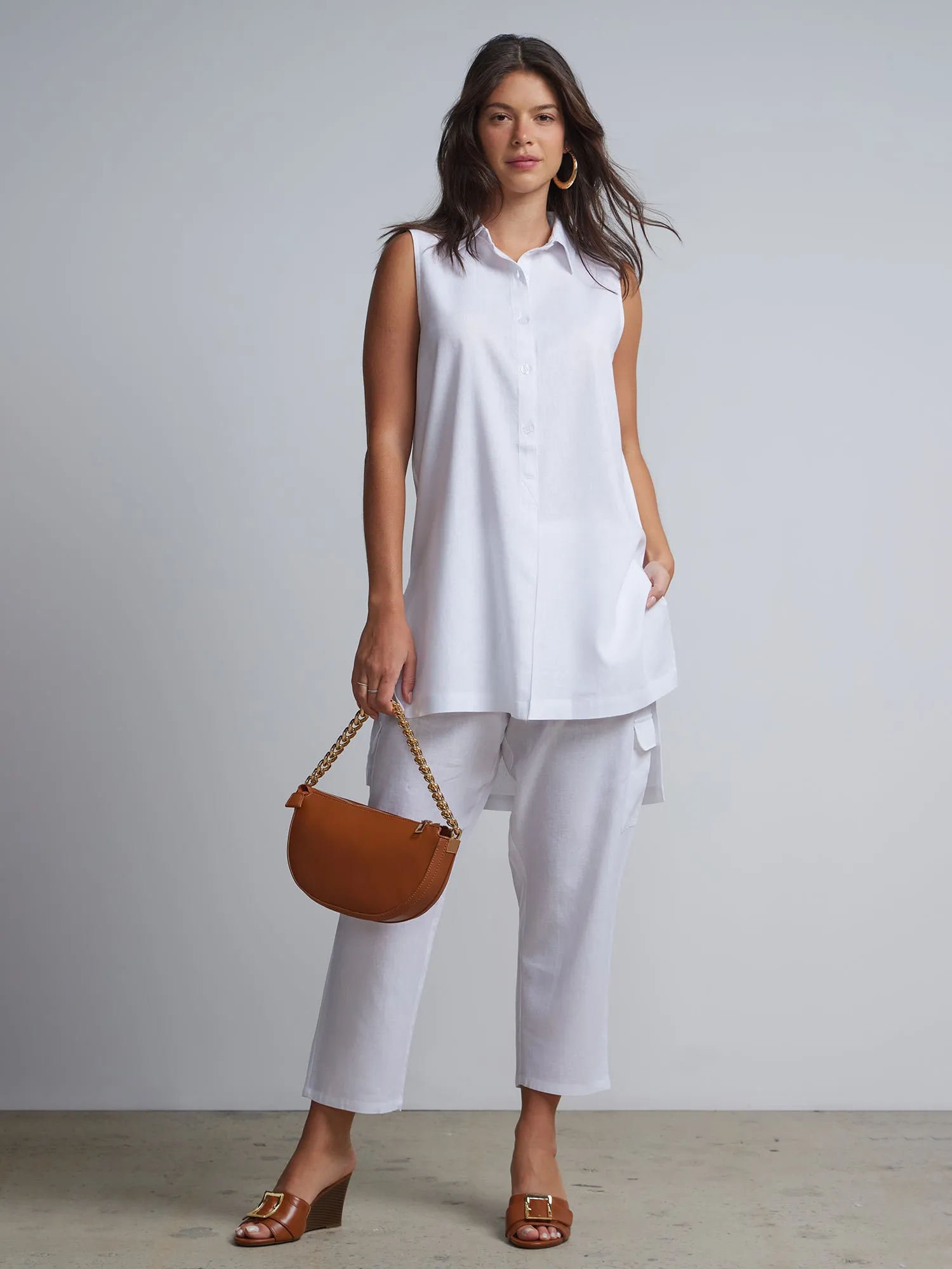 Linen-Blend Button-Front Slit-Side Tunic Top