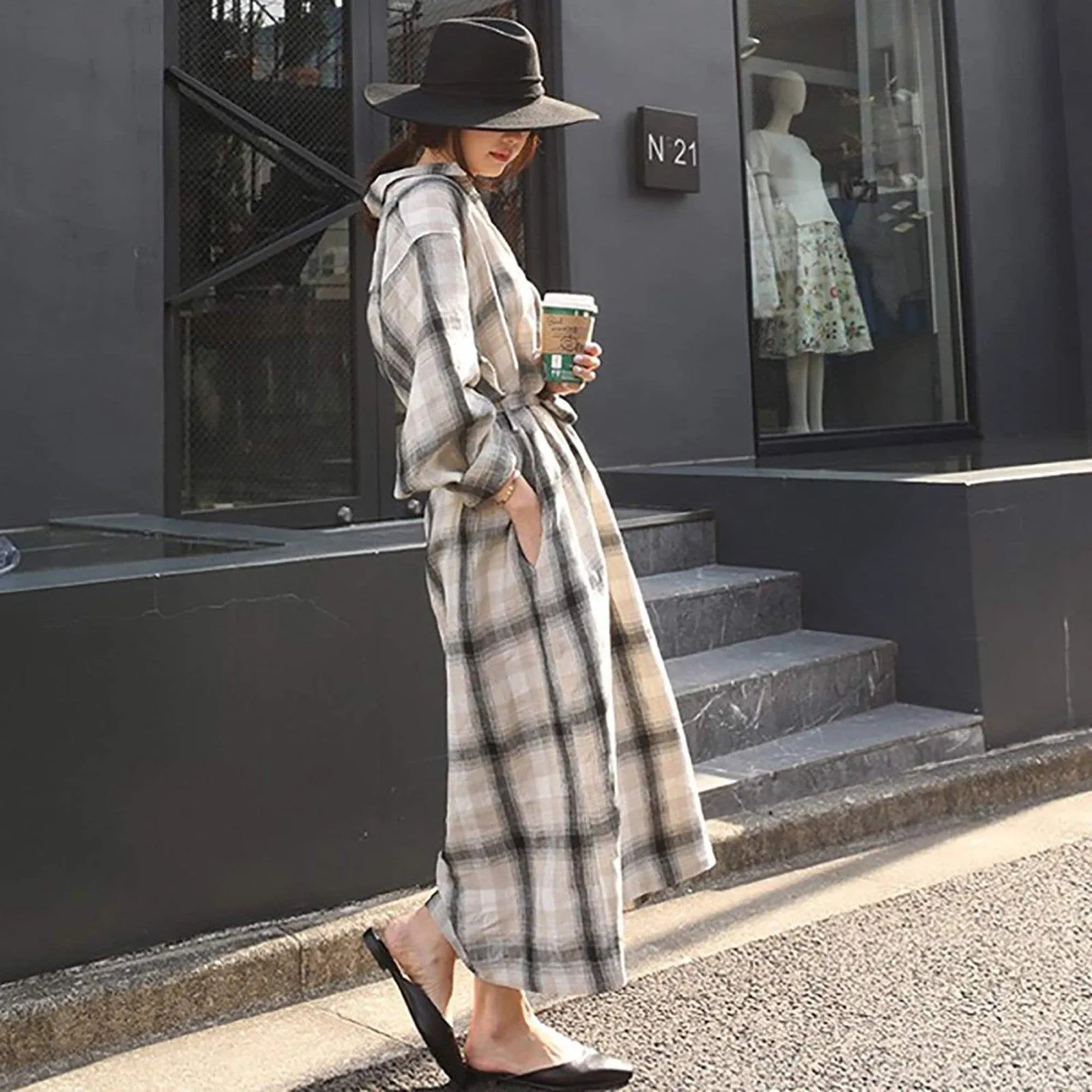 Linen Check Pattern Waist Sash Relaxed Maxi Shirtdress