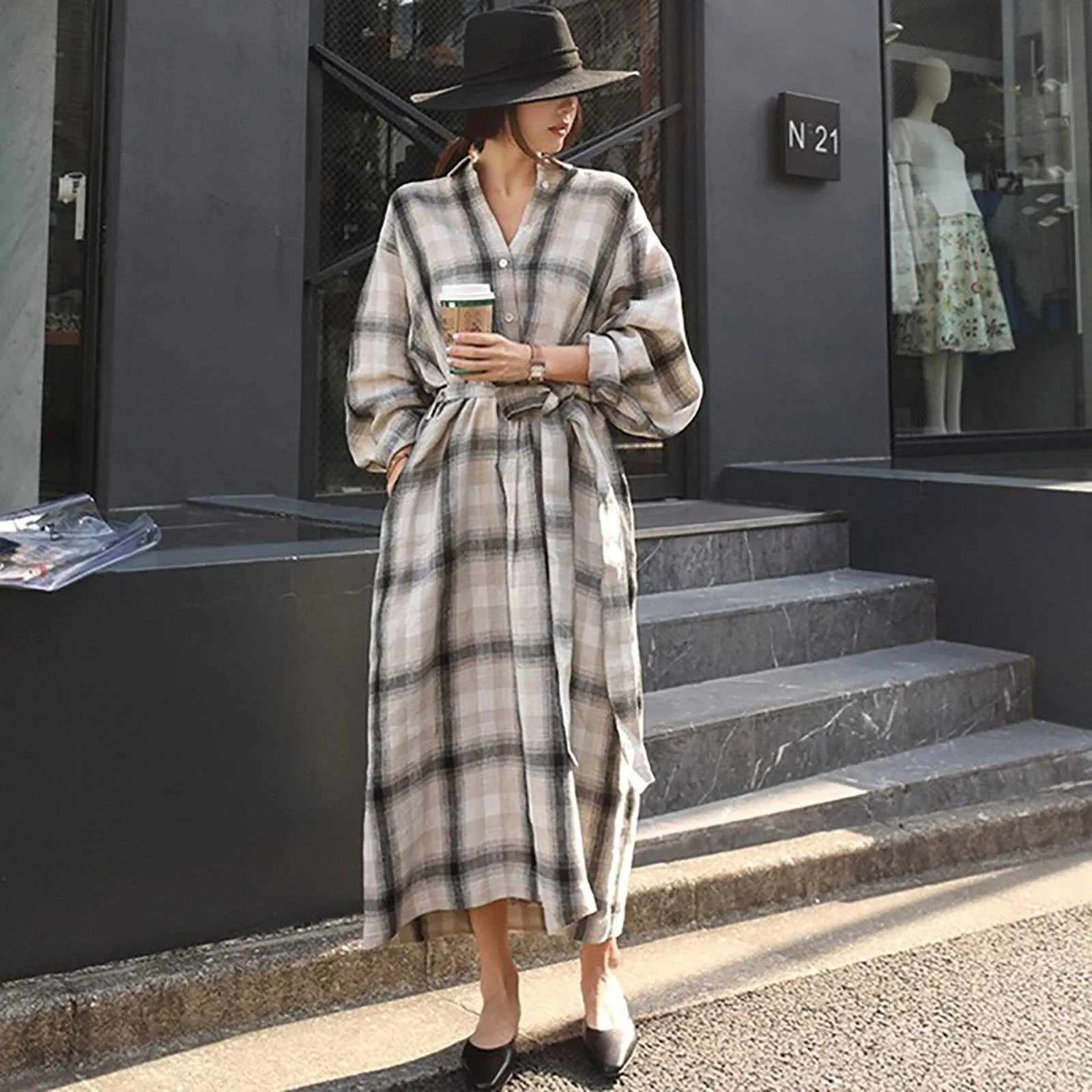 Linen Check Pattern Waist Sash Relaxed Maxi Shirtdress