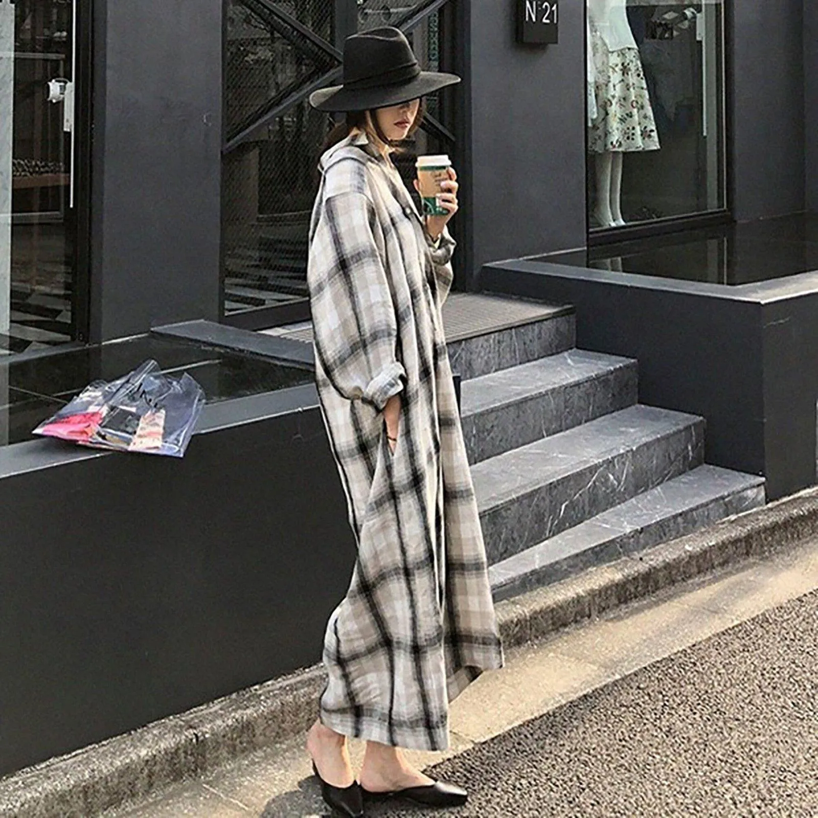 Linen Check Pattern Waist Sash Relaxed Maxi Shirtdress