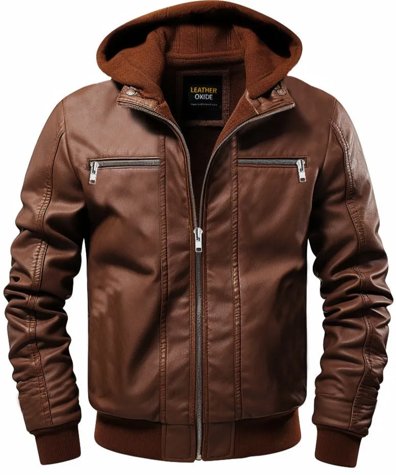 Men Ethan Brown Hooded Designer Leather Jacket