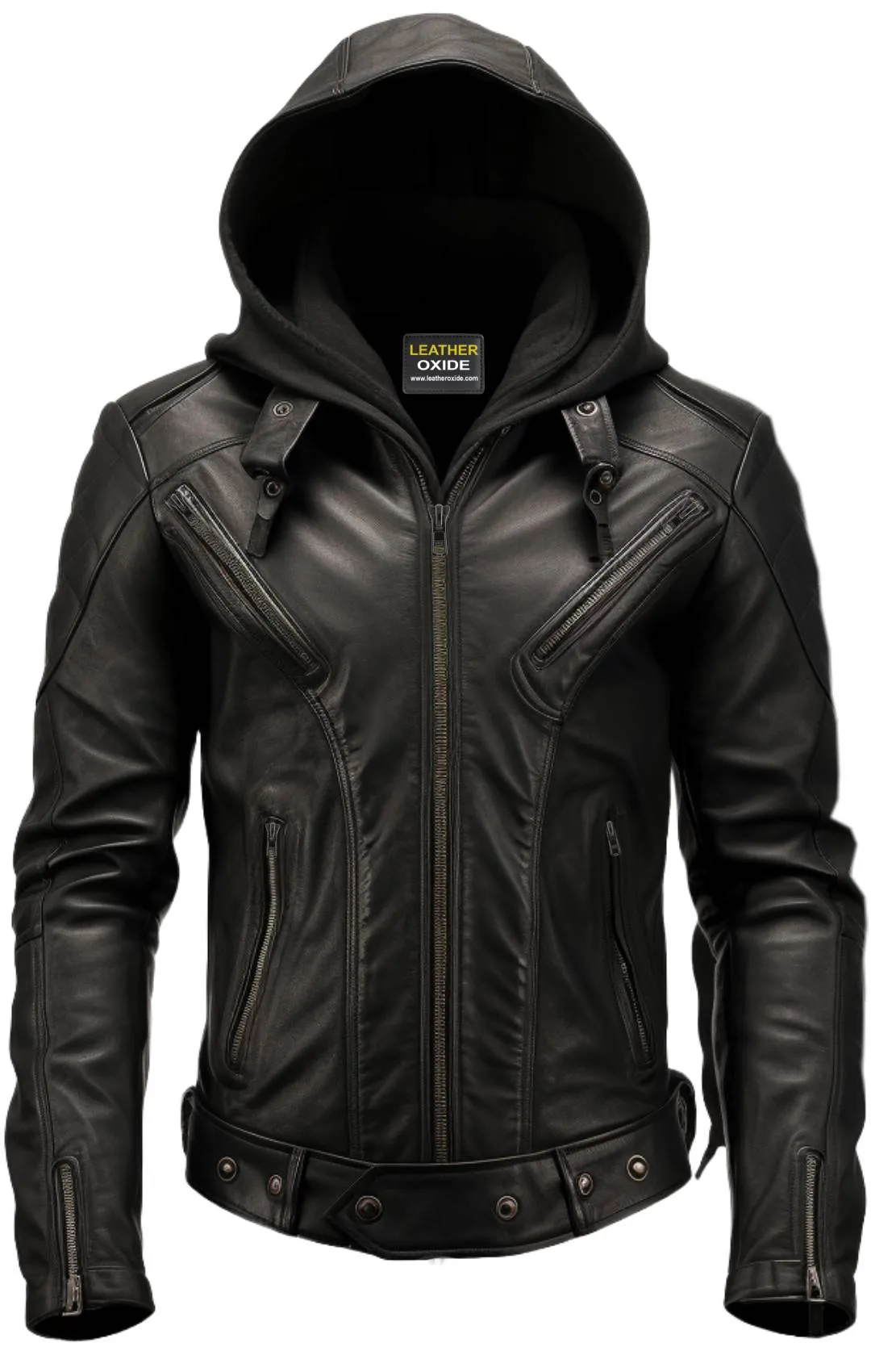 Men Hooded Leather Jacket - Hooded Black Leather Jacket