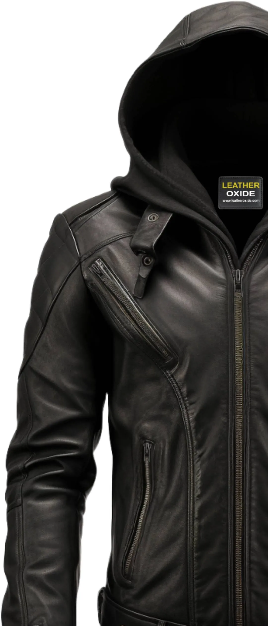 Men Hooded Leather Jacket - Hooded Black Leather Jacket