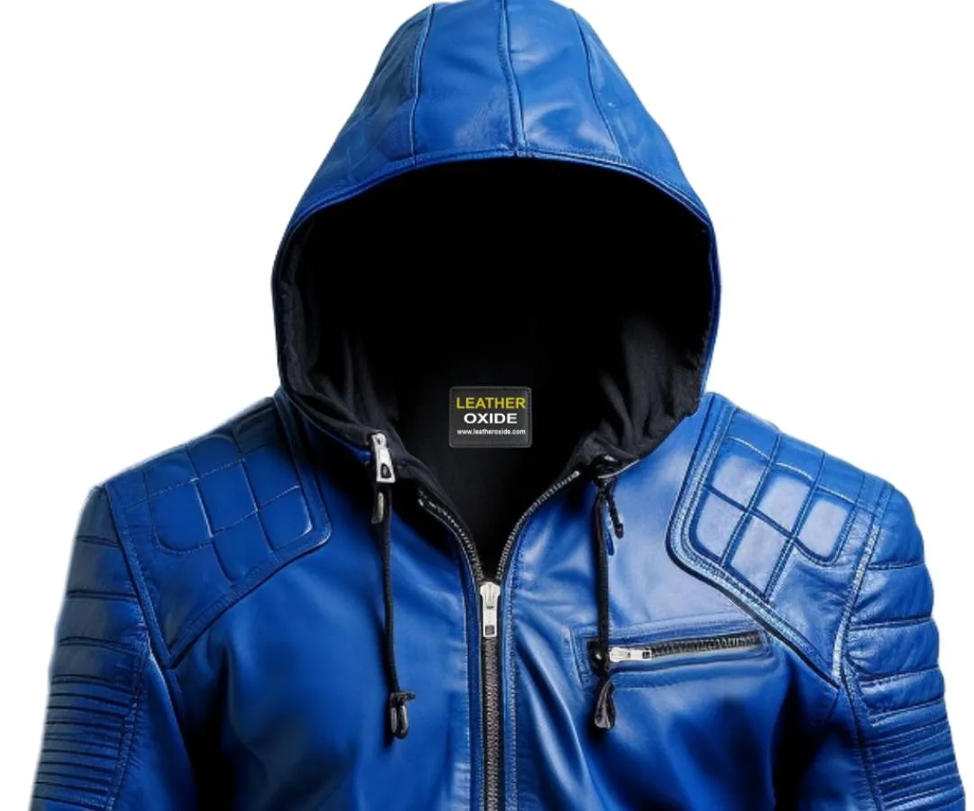 Men Stylish Blue Hooded Leather Jacket